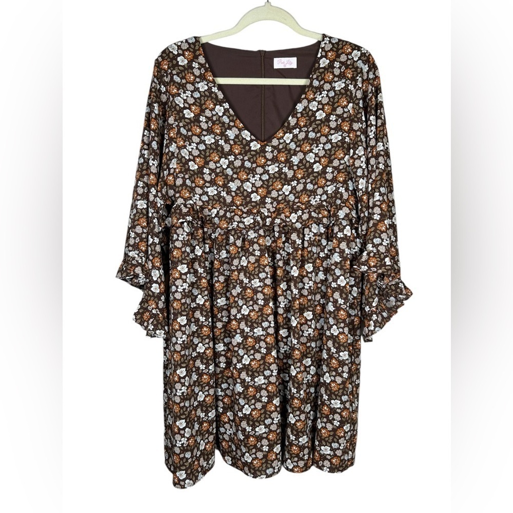 Pink Lily Brown and White Bell Sleeve Dress. Feminine. Romantic. Cottagecore.